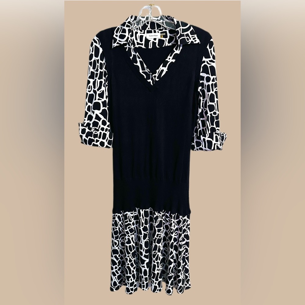 Calvin Klein Black and White Silk Sweater Vest Dress Size 6